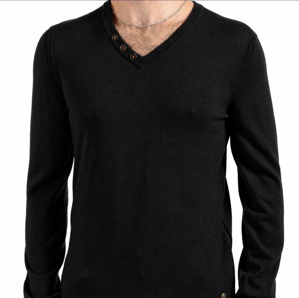 Hugo Boss Orange Alban Men’s Black V-Neck 3 Button Pullover Sweater Size Medium